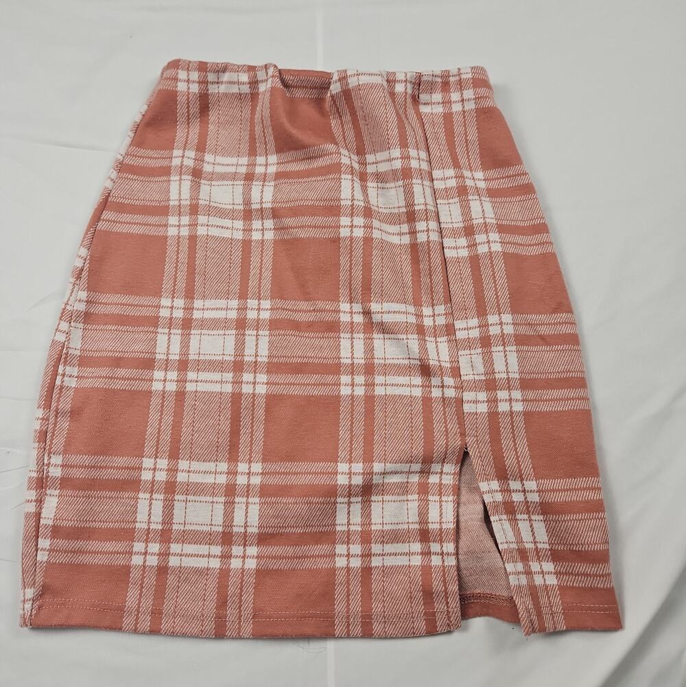 Plaid Mini Skirt by Windsor XS Rust Coral White Tartan Front Slit Made in USA